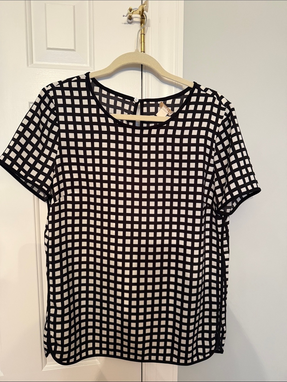 J. Crew Black and White Grid Short Sleeve Top